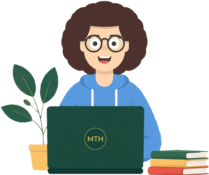 StudyBuddy, MyTransferHub's learning companion, sitting at a desk with a laptop and books